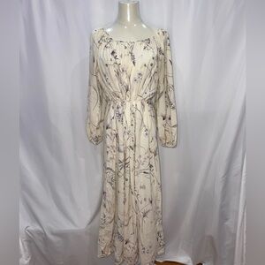 Elegant Cream Floral Long Sleeve Maxi Dress with Belt